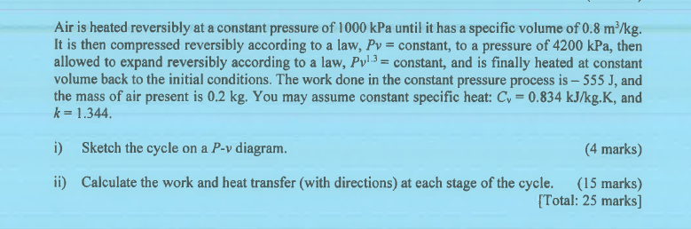 Air Is Heated Reversibly At A Constant Pressure Of 1000 Kpa Until It Has A Specific Volume Of 0 8 M Kg It Is Then Co 1
