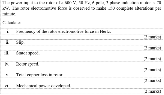 The Power Input To The Rotor Of A 600 V 50 Hz 6 Pole 3 Phase Induction Motor Is 70 Kw The Rotor Electromotive Force 1