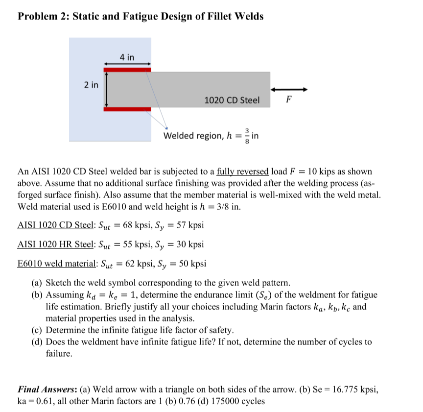 Problem 2 Static And Fatigue Design Of Fillet Welds 4 In 2 In 1020 Cd Steel F Welded Region H In An Aisi 1020 1