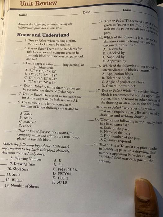Unit Review Class Date Name 14 True Or False The Scale Of A Pro Given As Paper Real 1 2 Inch On The Paper Equals Two 1