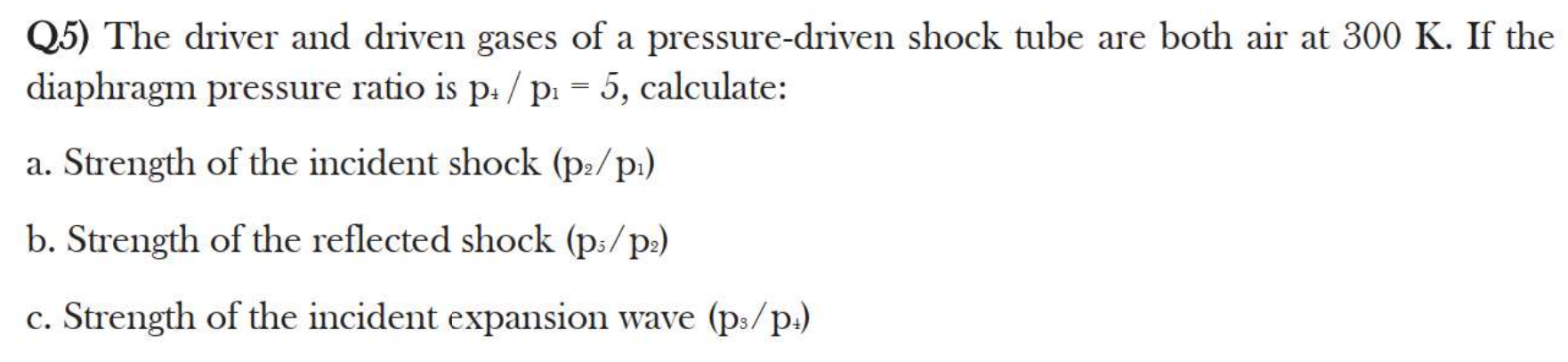 Q5 The Driver And Driven Gases Of A Pressure Driven Shock Tube Are Both Air At 300 K If The Diaphragm Pressure Ratio I 1