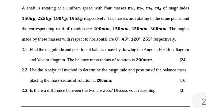 M A Shaft Is Rotating At A Uniform Speed With Four Masses Mi M2 M3 M4 Of Magnitudes 150kg 225kg 180kg 195kg Respec 1