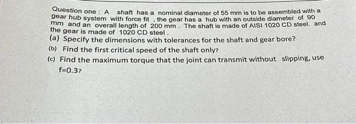 Question One A Shaft Has A Nominal Diameter Of 55 Mm Is To Be Assembled With A Gear Hub System With Force Fit The Gea 1