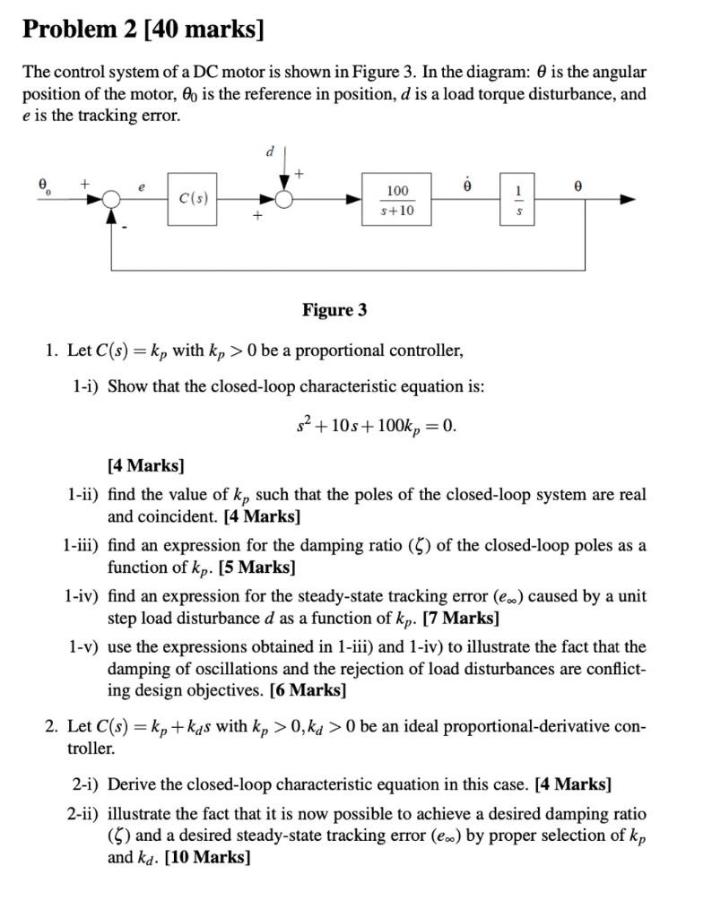 Problem 2 40 Marks The Control System Of A Dc Motor Is Shown In Figure 3 In The Diagram Is The Angular Position Of T 1