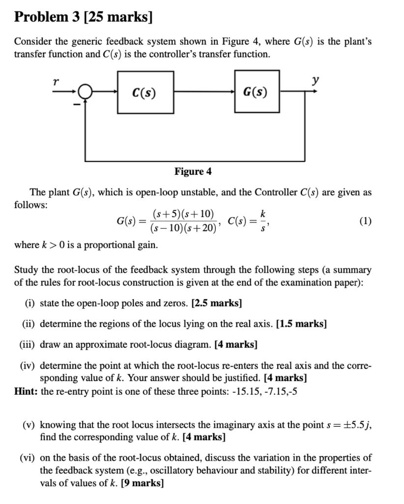 Problem 3 25 Marks Consider The Generic Feedback System Shown In Figure 4 Where G S Is The Plant S Transfer Function 1