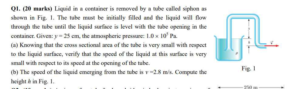 Q1 20 Marks Liquid In A Container Is Removed By A Tube Called Siphon As Shown In Fig 1 The Tube Must Be Initially F 1