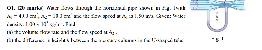 Q1 20 Marks Water Flows Through The Horizontal Pipe Shown In Fig 1with A2 40 0 Cm A2 10 0 Cm And The Flow S 1