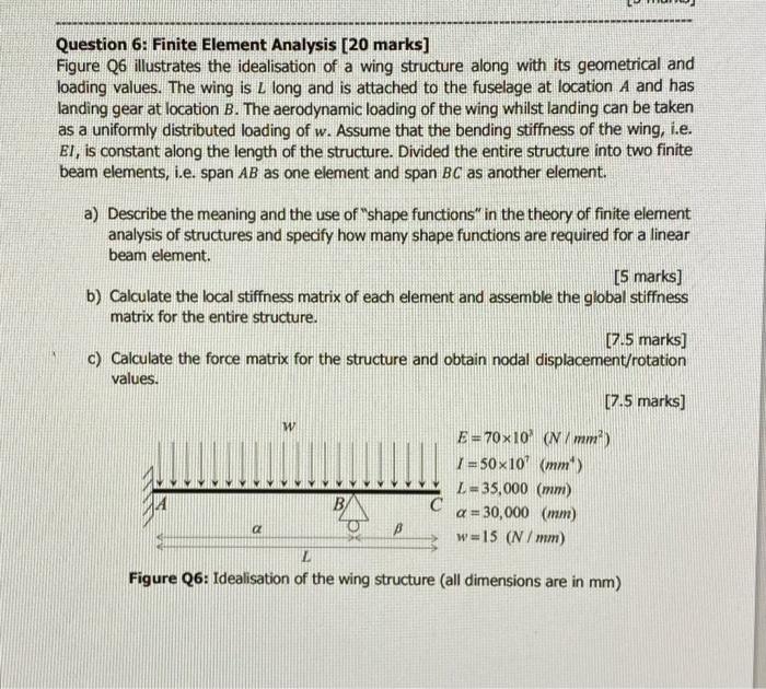 Question 6 Finite Element Analysis 20 Marks Figure Q6 Illustrates The Idealisation Of A Wing Structure Along With Its 1