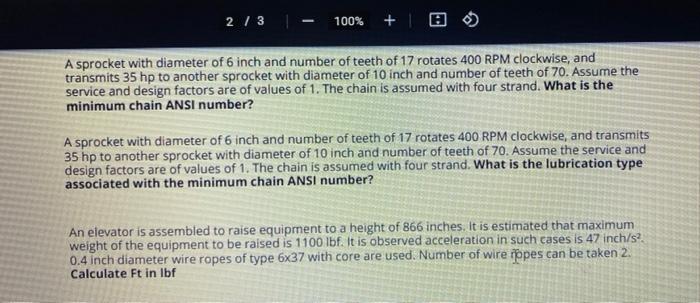 2 3 100 10 A Sprocket With Diameter Of 6 Inch And Number Of Teeth Of 17 Rotates 400 Rpm Clockwise And Transmits 35 H 1