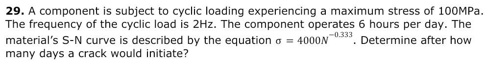 A Component Is Subject To Cyclic Loading Experiencing A Maximum Stress Of 100mpa The Frequency Of The Cyclic Load Is 2h 1
