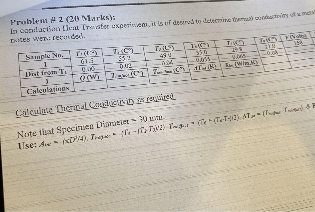 Problem 2 20 Marks In Conduction Heat Transfer Experiment It Is Of Desired To Determine Thermal Conductivity Of A M 1