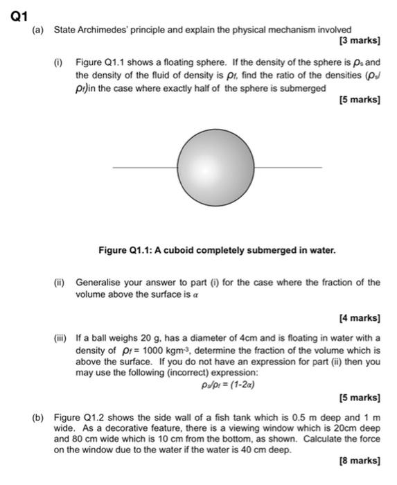 Q1 A State Archimedes Principle And Explain The Physical Mechanism Involved 3 Marks 0 Figure 21 1 Shows A Floating 1