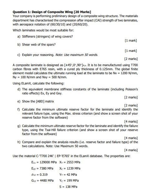 Question 1 Design Of Composite Wing 20 Marks Your Company Is Performing Preliminary Design Of A Composite Wing Struct 1