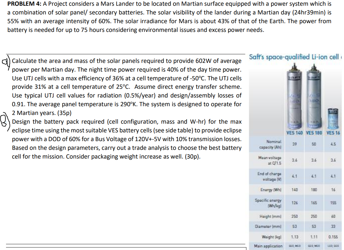 Problem 4 A Project Considers A Mars Lander To Be Located On Martian Surface Equipped With A Power System Which Is A Co 1