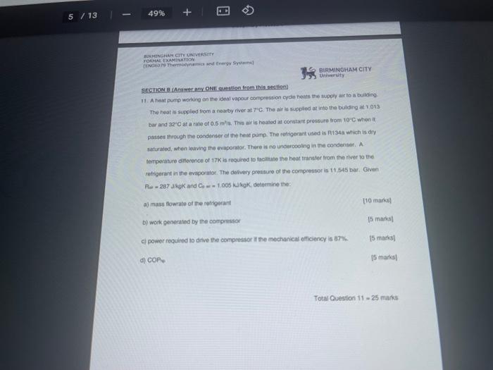 49 5 13 Mengham City University Forial Examination Thermaandere System Birmingham City Uity Section B Answer Any One 1