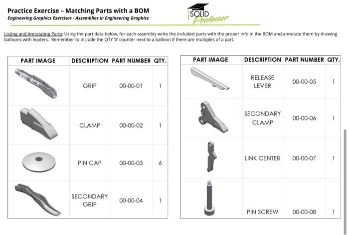 Practice Exercise Matching Parts With A Bom Engineering Graphics Exercises Assemblies In Engineering Graphics Solid 1