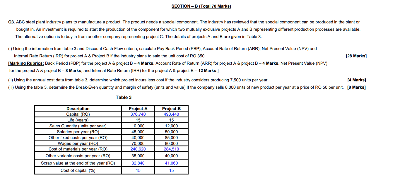 Section B Total 70 Marks Q3 Abc Steel Plant Industry Plans To Manufacture A Product The Product Needs A Special Com 1