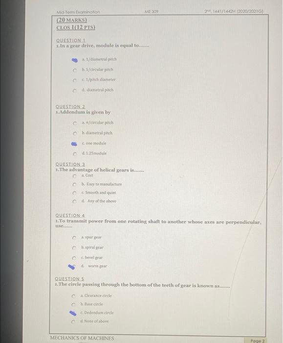 Me300 21441 14422020 20216 Mid Term Examination 20 Marks Clos 1012 Pts Question 1 In A Seur Drive Module Is Equal 1