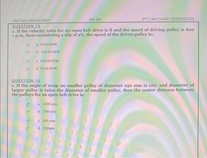 Me300 21441 14422020 20216 Mid Term Examination 20 Marks Clos 1012 Pts Question 1 In A Seur Drive Module Is Equal 4
