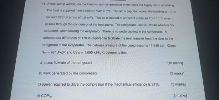 11 A Heat Pump Working On The Ideal Vapour Compression Cycle Heats The Supply Air To Building The Heat Is Supplied From 1
