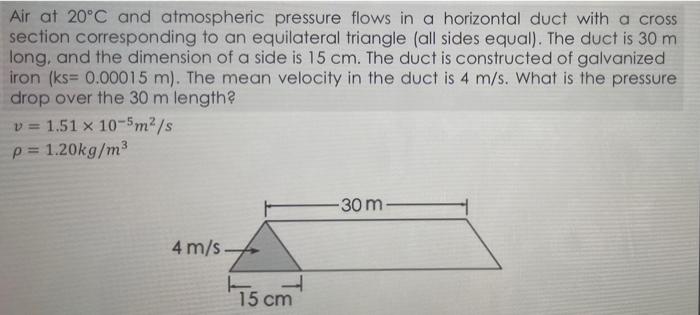 Air At 20 C And Atmospheric Pressure Flows In A Horizontal Duct With A Cross Section Corresponding To An Equilateral Tri 1