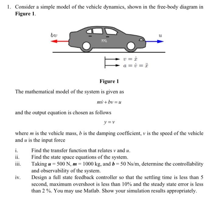1 Consider A Simple Model Of The Vehicle Dynamics Shown In The Free Body Diagram In Figure 1 Bv U M A I Figure 1 Th 1