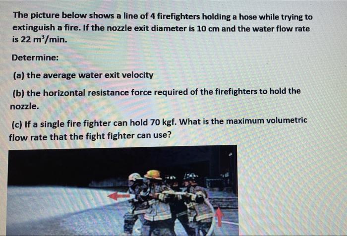 The Picture Below Shows A Line Of 4 Firefighters Holding A Hose While Trying To Extinguish A Fire If The Nozzle Exit Di 1