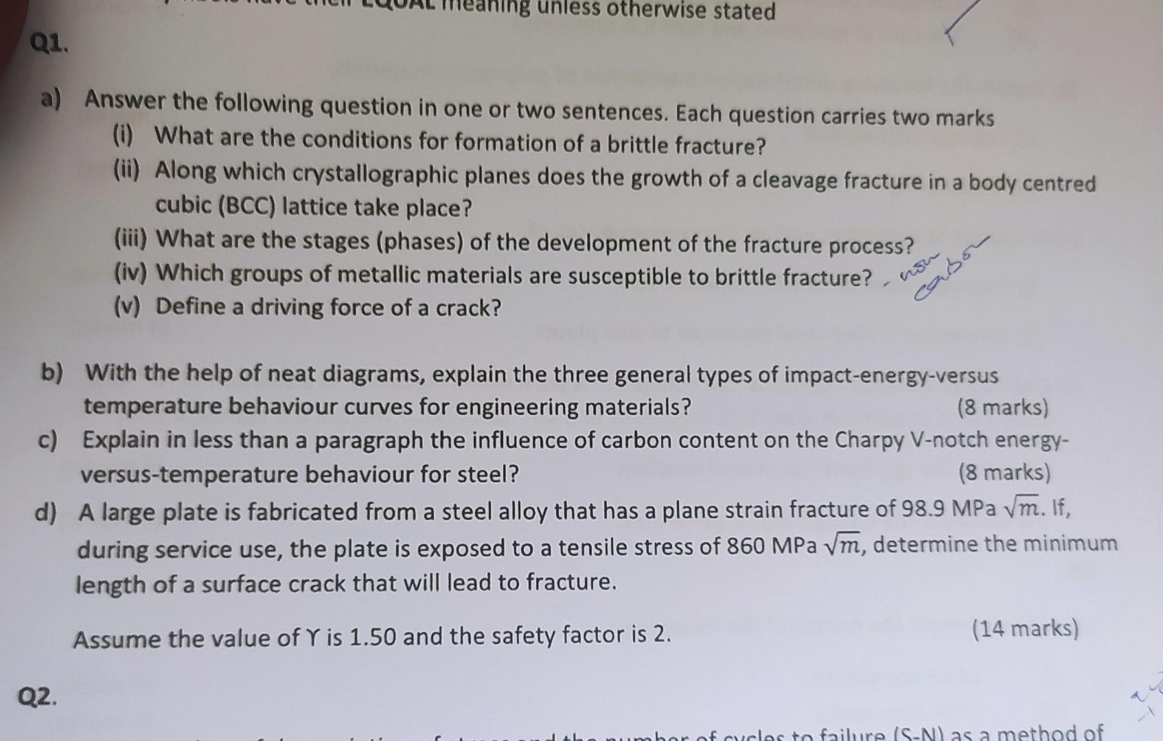 Ng Unless Otherwise Stated Q1 A Answer The Following Question In One Or Two Sentences Each Question Carries Two Marks 1