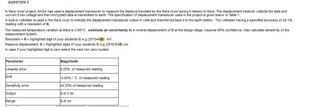 Question 2 In Mars Rover Project Nasa Has Used A Displacement Transducer To Measure The Distance Travelled By The Mars 1