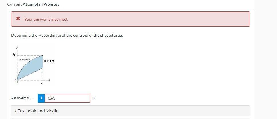Current Attempt In Progress X Your Answer Is Incorrect Determine The Y Coordinate Of The Centroid Of The Shaded Area I 1