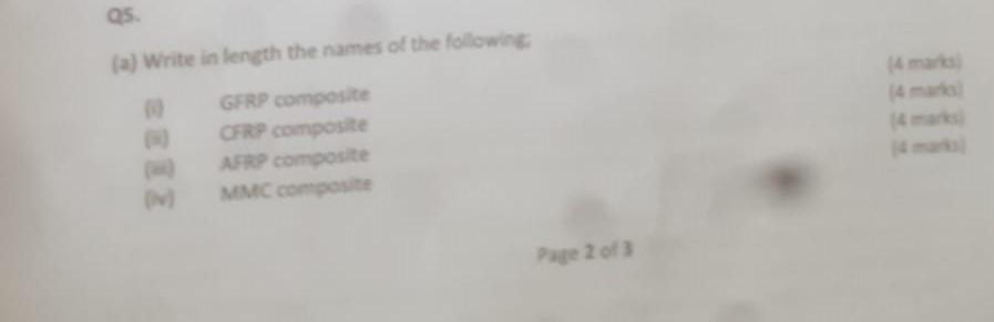 Q5 A Write In Length The Names Of The Following Beie Gfrp Composite Cfrp Composite Afp Composite Mmc Composite Im Page 1