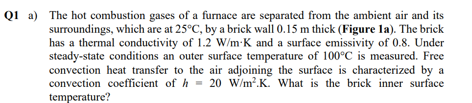 Q1 A The Hot Combustion Gases Of A Furnace Are Separated From The Ambient Air And Its Surroundings Which Are At 25 C 1