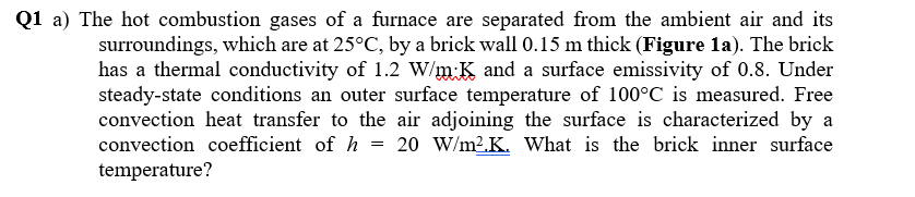 Q1 A The Hot Combustion Gases Of A Furnace Are Separated From The Ambient Air And Its Surroundings Which Are At 25 C 1