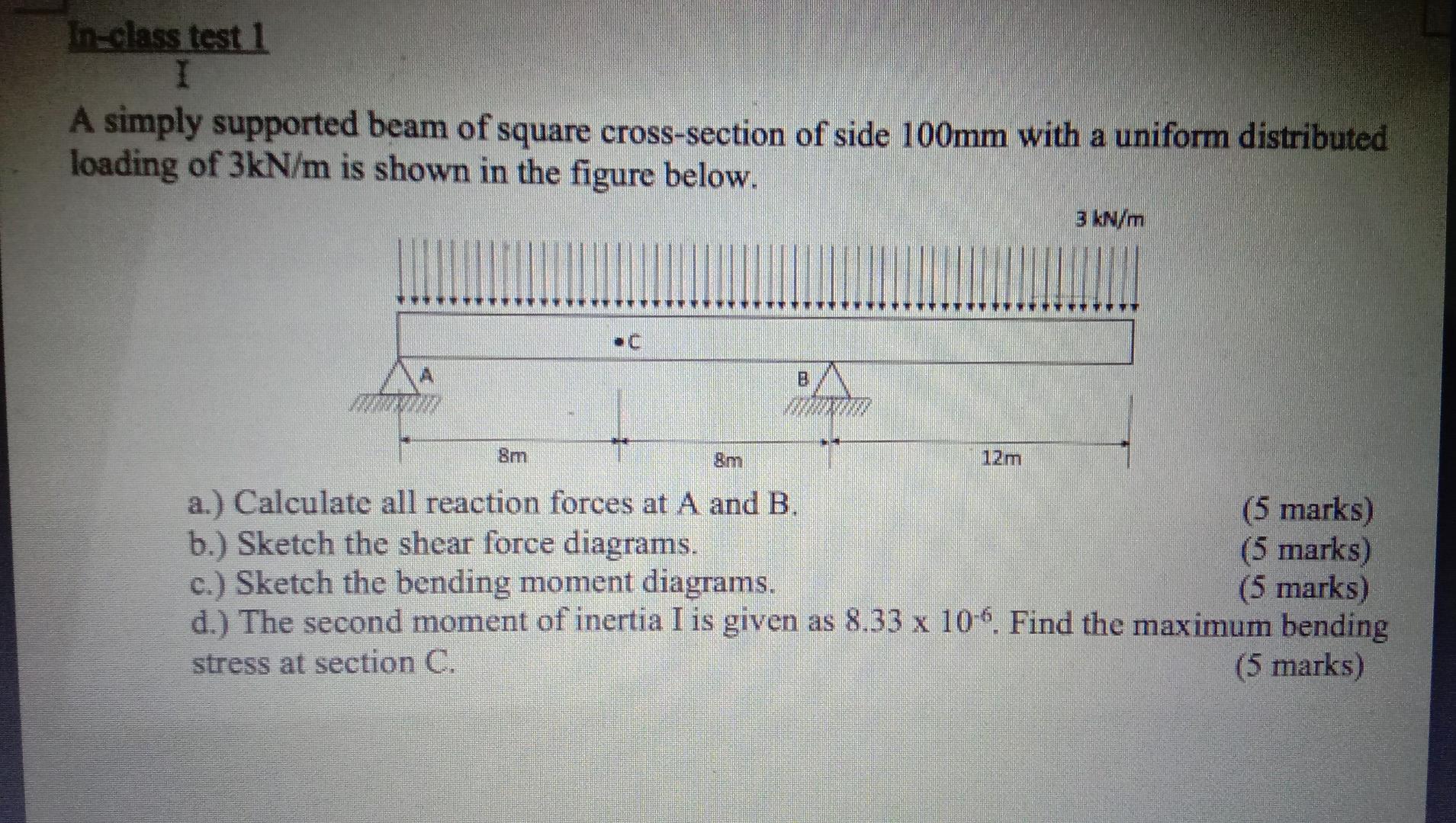 In Class Test 1 I A Simply Supported Beam Of Square Cross Section Of Side 100mm With A Uniform Distributed Loading Of 3k 1