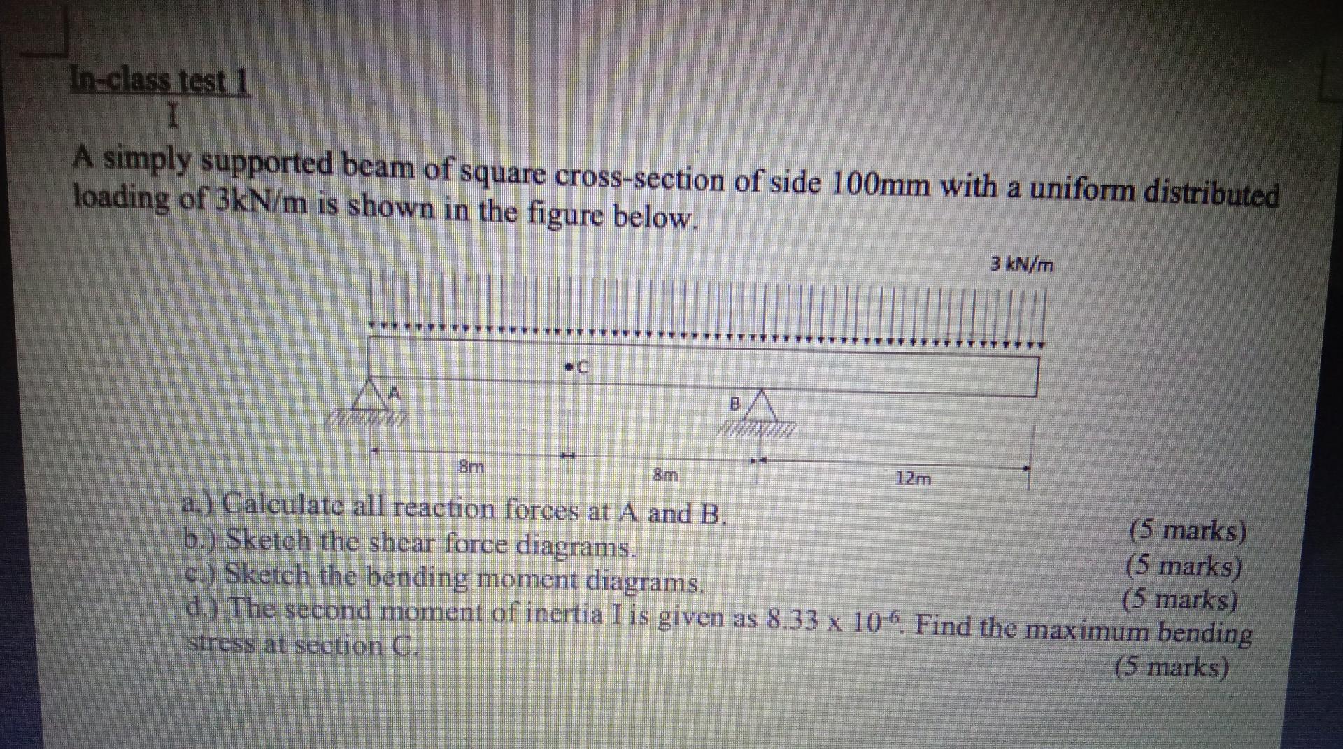 In Class Test 1 I A Simply Supported Beam Of Square Cross Section Of Side 100mm With A Uniform Distributed Loading Of 3k 1