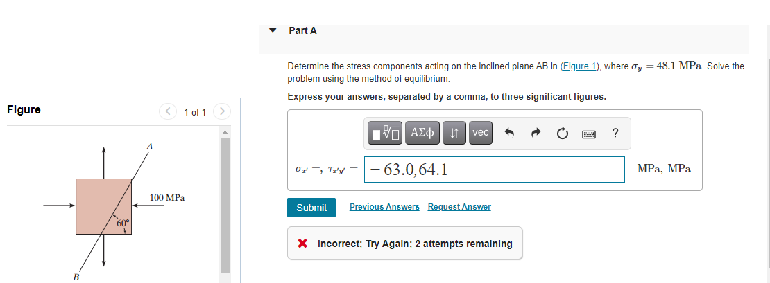 Part A 48 1 Mpa Solve The Determine The Stress Components Acting On The Inclined Plane Ab In Figure 1 Where Oy Proble 1