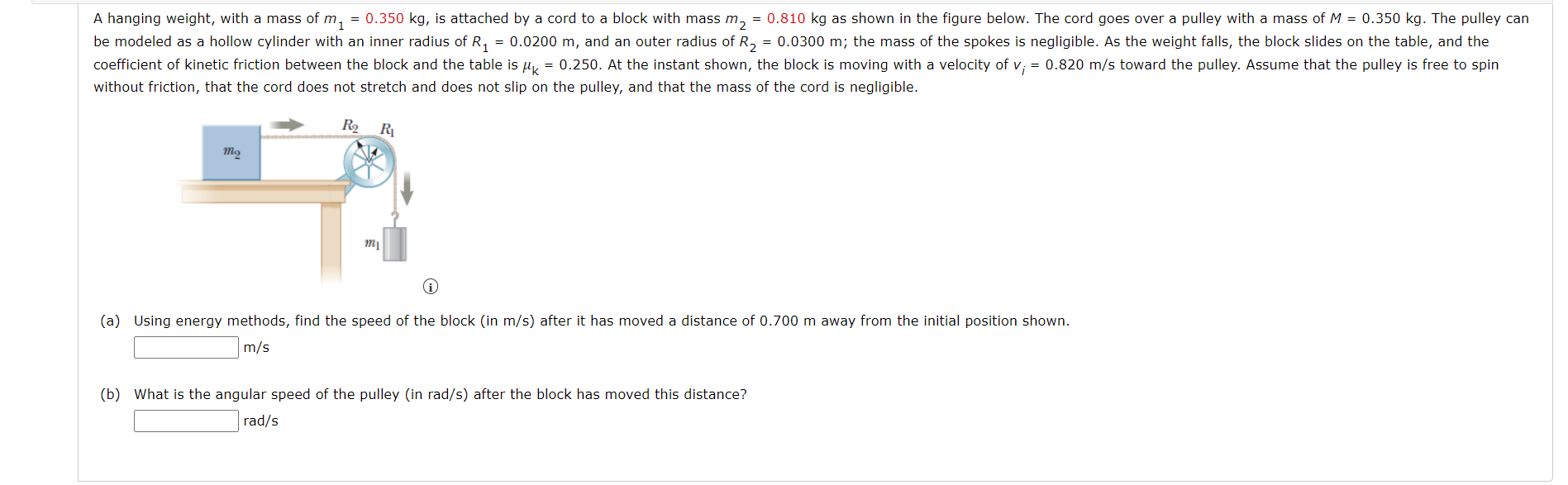 A Hanging Weight With A Mass Of My 0 350 Kg Is Attached By A Cord To A Block With Mass M2 0 810 Kg As Shown In The 1