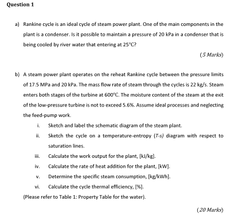 Question 1 A Rankine Cycle Is An Ideal Cycle Of Steam Power Plant One Of The Main Components In The Plant Is A Condens 1