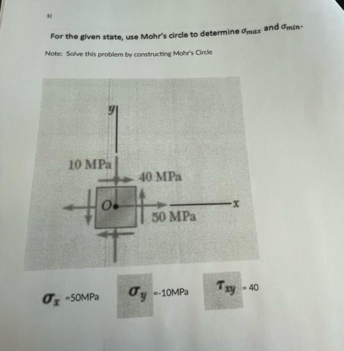 3 For The Given State Use Mohr S Circle To Determine Omax And Omin Note Solve This Problem By Constructing Mohr S Ci 1
