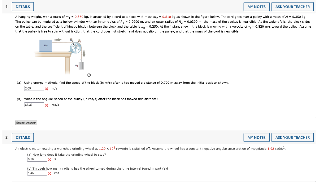 1 Details My Notes Ask Your Teacher A Hanging Weight With A Mass Of My 0 360 Kg Is Attached By A Cord To A Block Wi 1