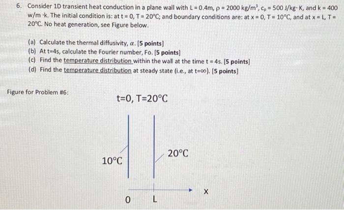 6 Consider 10 Transient Heat Conduction In A Plane Wall With L 0 4m P 2000 Kg M Cp 500j Kg K And K 400 W M 1