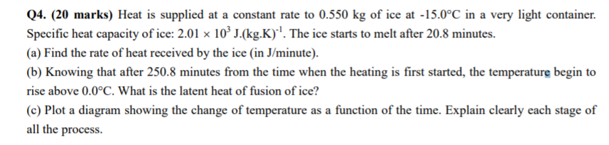 Q4 20 Marks Heat Is Supplied At A Constant Rate To 0 550 Kg Of Ice At 15 0 C In A Very Light Container Specific Hea 1