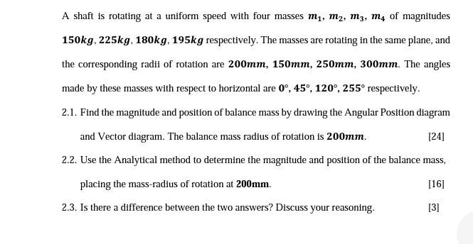 A Shaft Is Rotating At A Uniform Speed With Four Masses Mi M2 M3 M4 Of Magnitudes 150kg 225kg 180kg 195kg Respecti 1