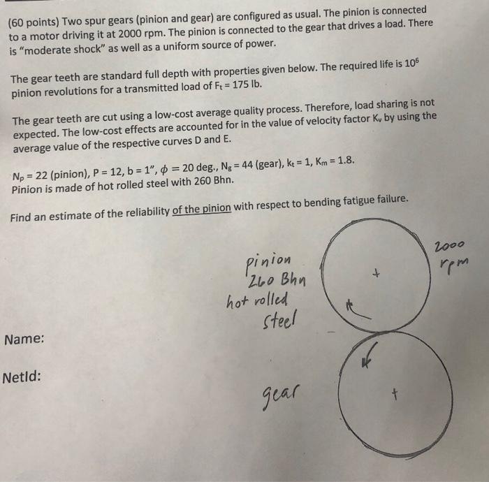 60 Points Two Spur Gears Pinion And Gear Are Configured As Usual The Pinion Is Connected To A Motor Driving It At 2 1