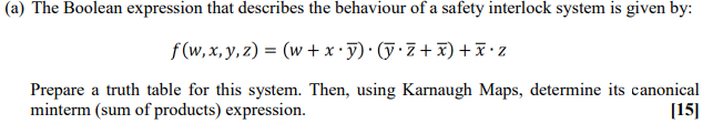 A The Boolean Expression That Describes The Behaviour Of A Safety Interlock System Is Given By F W X Y Z W X 1