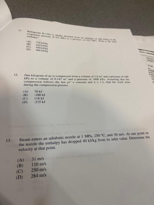 11 Hem R134a Ope Enthalpy A 370 Ja B 410 C 450 A D 4hoja 12 One Kilogram Of Air Is Compressed From A Volume Of 1