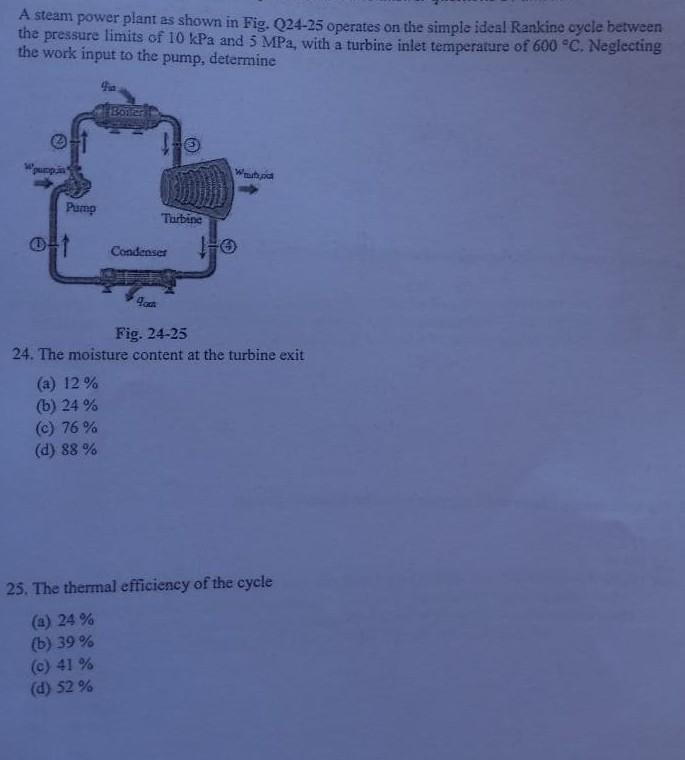A Steam Power Plant As Shown In Fig Q24 25 Operates On The Simple Ideal Rankine Cycle Between The Pressure Limits Of 10 1