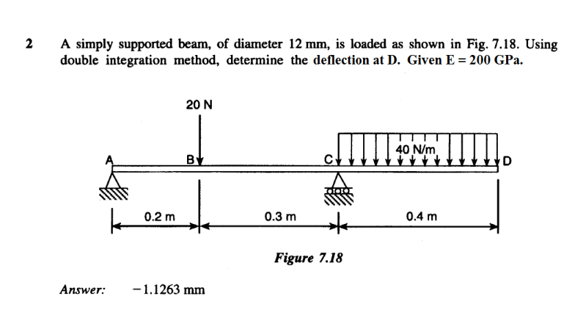 2 A Simply Supported Beam Of Diameter 12 Mm Is Loaded As Shown In Fig 7 18 Using Double Integration Method Determin 1
