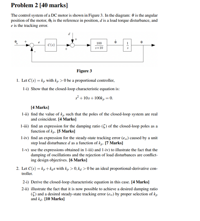 Problem 2 40 Marks The Control System Of A Dc Motor Is Shown In Figure 3 In The Diagram 0 Is The Angular Position Of 1