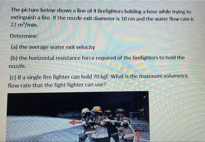The Picture Below Shows A Line Of 4 Firefighters Holding A Hose While Trying To Extinguish A Fire If The Nozzle Exit Di 2